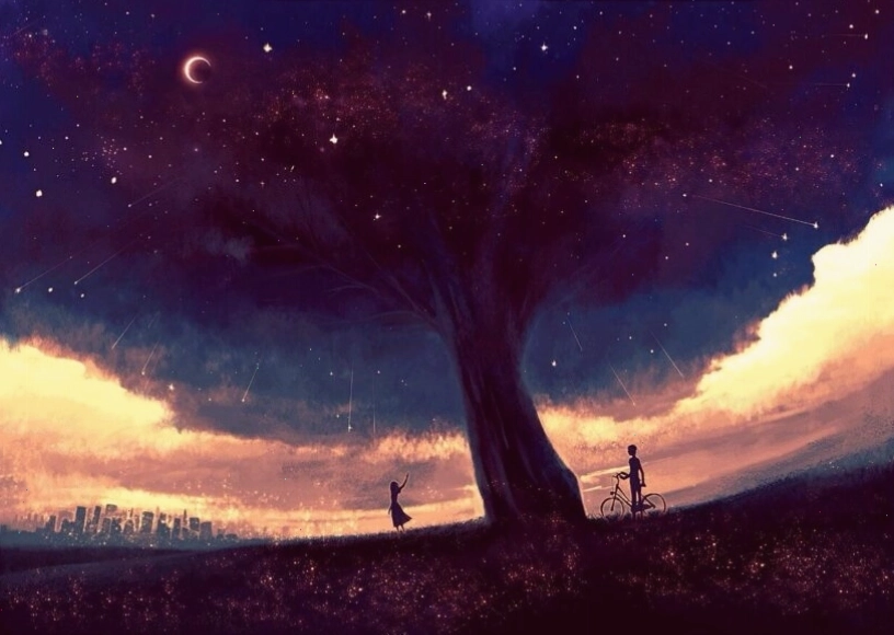 Hình ảnh bầu trời đêm anime với các vì sao lấp lánh và dải ngân hà