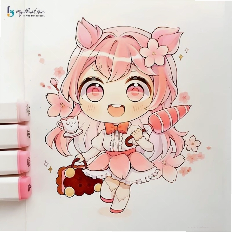 Hình ảnh chibi nữ dễ thương với trang phục màu hồng ngọt ngào