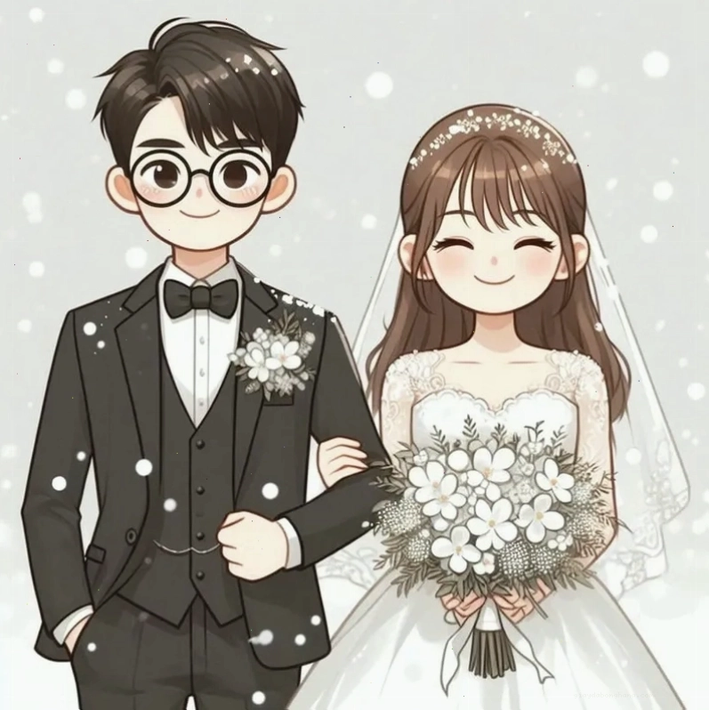 Hình ảnh cô dâu chú rể chibi với trang phục áo dài hiện đại
