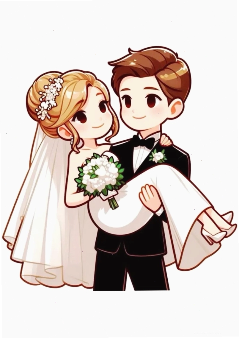 Hình ảnh cô dâu chú rể chibi với trang phục cưới lộng lẫy