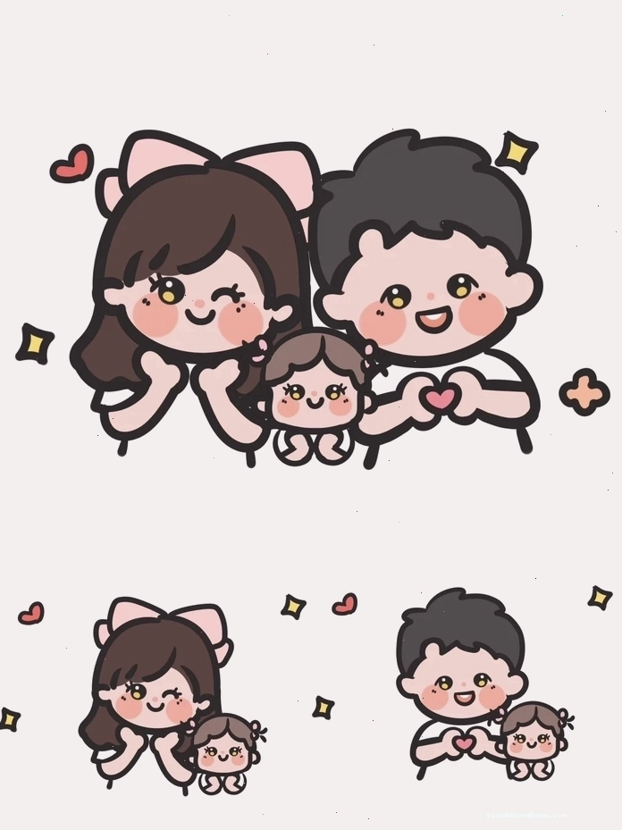 Hình ảnh gia đình chibi 3 thành viên cười tươi