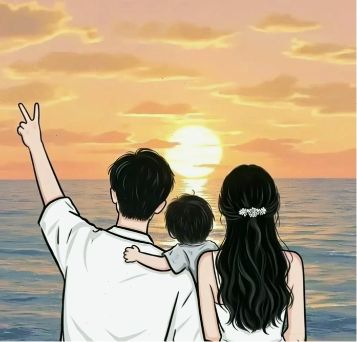 Hình ảnh gia đình chibi 3 thành viên phong cách hoạt hình