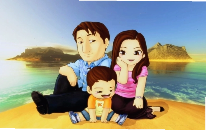 Hình ảnh gia đình chibi bố mẹ và con gái full body