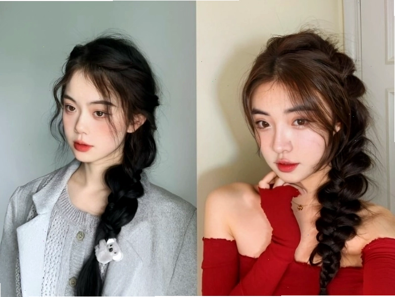 Mẫu thắt tóc ba hoặc bốn sợi, cùng hướng về một bên tạo sự duyên dáng