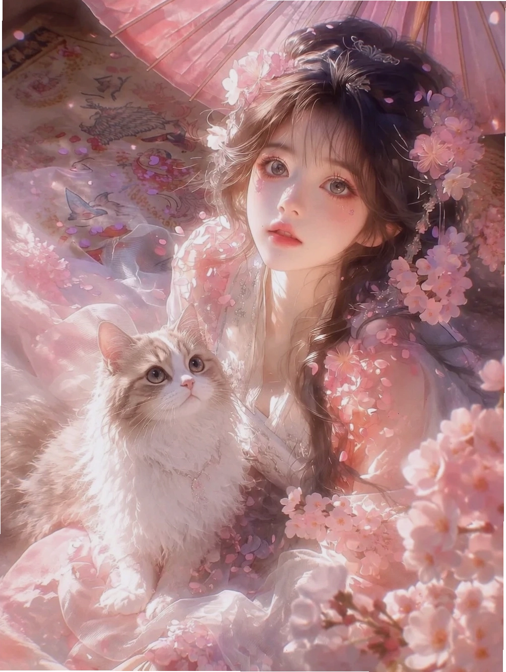 Một cô bé anime vui đùa dưới tán hoa anh đào