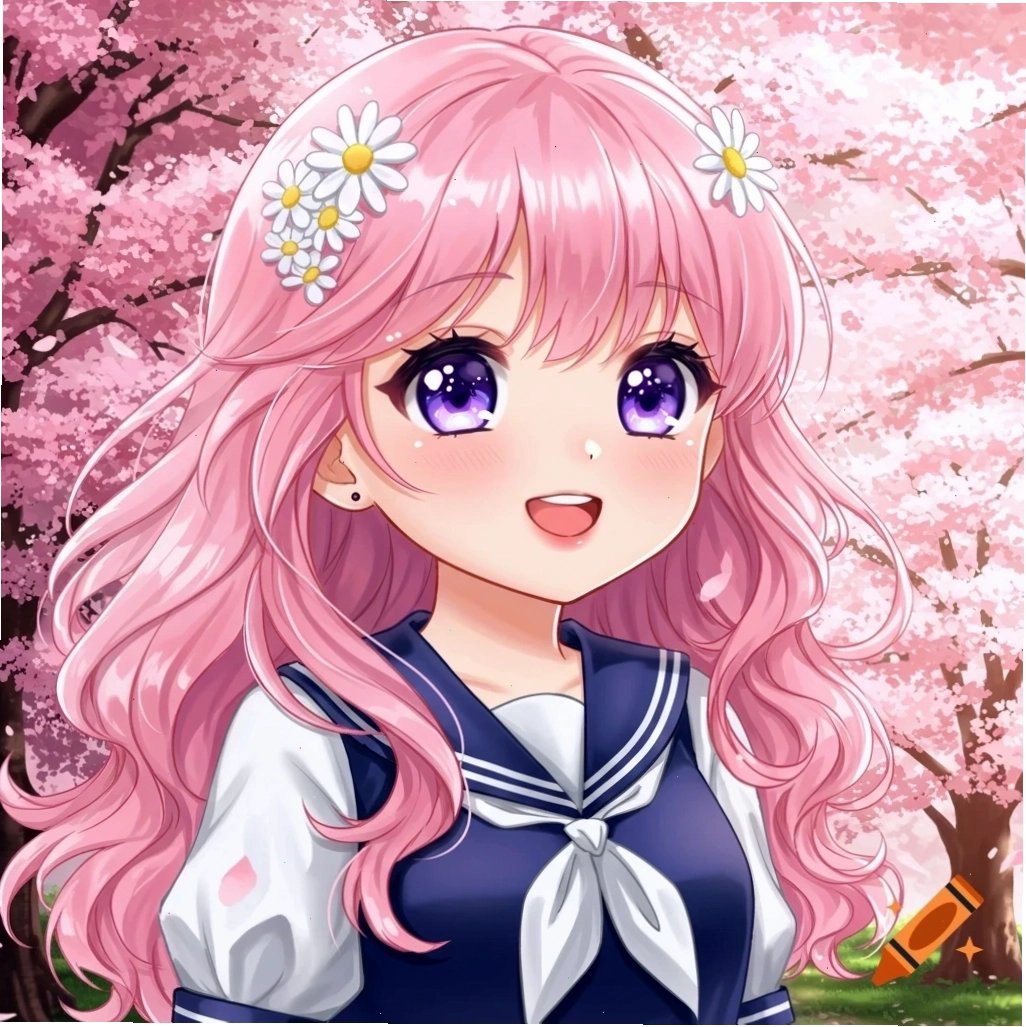 Một cô gái anime dễ thương với mái tóc hồng và mắt tím, mặc đồng phục thủy thủ, đứng trước những bông hoa anh đào đang nở rộ
