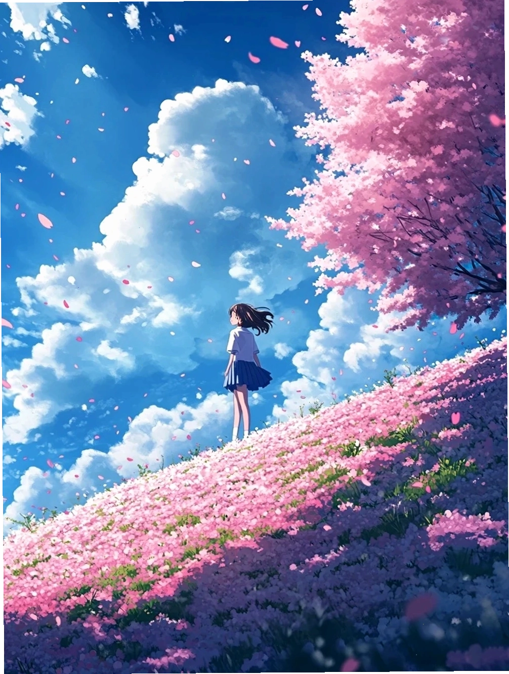 Một cô gái anime đứng trên đồi nhìn ra cảnh vật với hoa anh đào