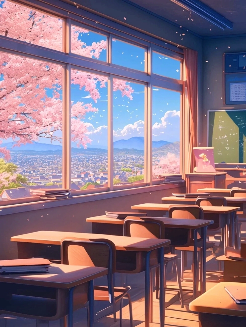 Một khu vườn anime với những cây hoa anh đào và lối đi nhỏ