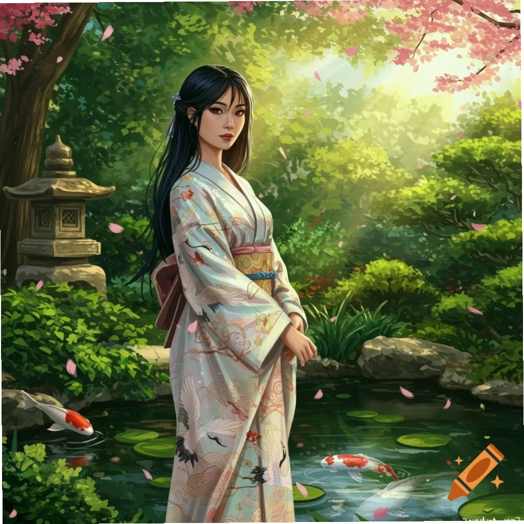 Một người phụ nữ mặc kimono đẹp đứng trong khu vườn Nhật Bản tươi tốt với hoa anh đào, ao nước và cá chép, nghệ thuật kỹ thuật số