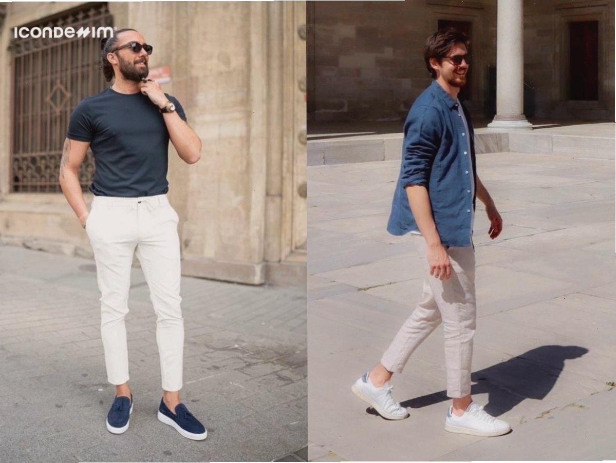 Nam giới phối quần tây màu be với áo polo xanh navy