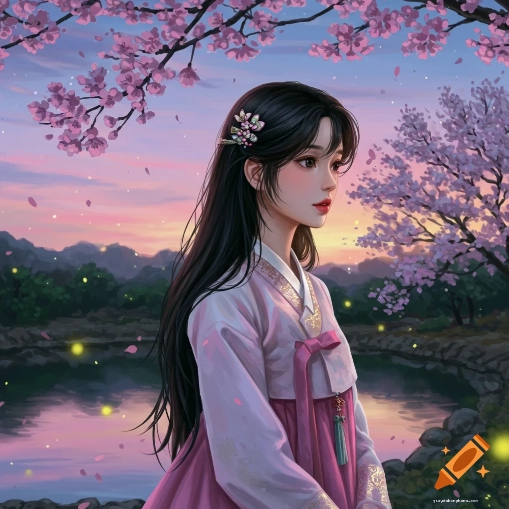 Người phụ nữ Hàn Quốc trẻ mặc hanbok hồng đứng dưới hoa anh đào bên hồ vào lúc hoàng hôn