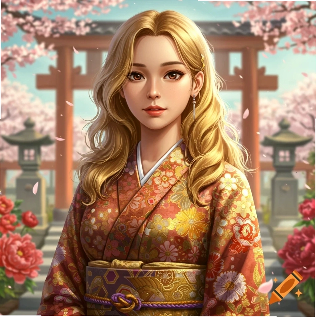 Người phụ nữ mặc kimono hoa màu đỏ đứng trước cổng torii và hoa anh đào theo phong cách anime sống động