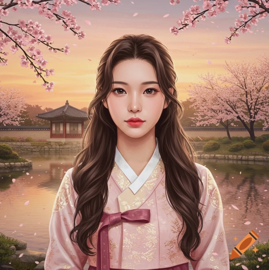 Người phụ nữ với mái tóc dài tối màu, mặc Hanbok hồng, đứng trong khu vườn Hàn Quốc yên bình với hoa anh đào và ao nước lúc hoàng hôn