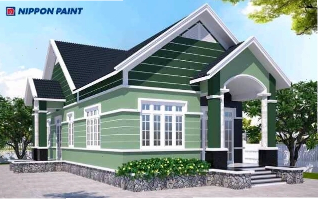 Nhà cấp 4 nông thôn sơn màu xanh lá cây hài hòa với thiên nhiên