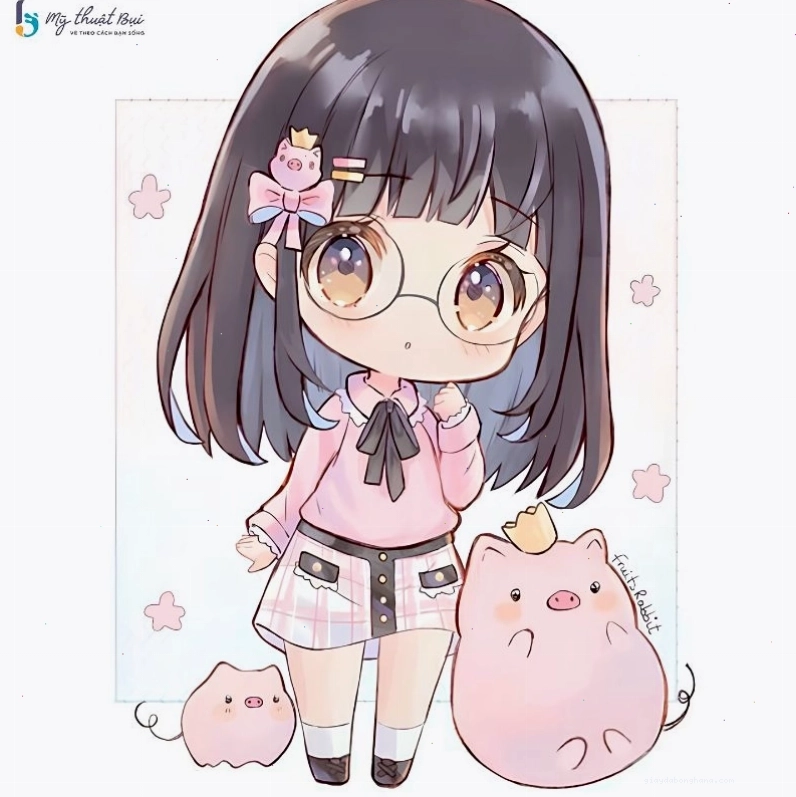 Nhân vật anime chibi nữ với mái tóc dài và phụ kiện dễ thương