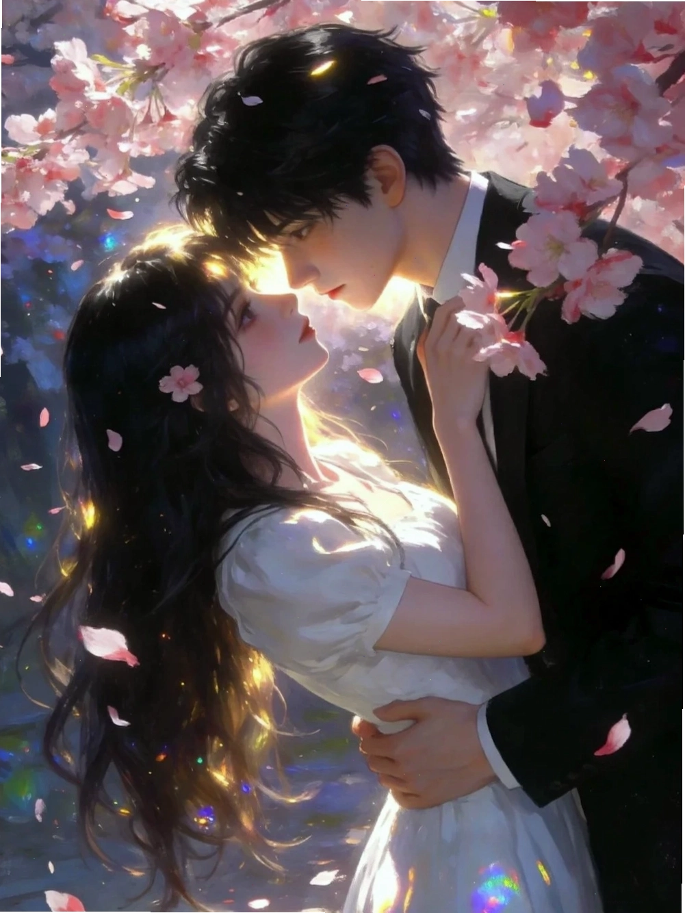 Nhân vật anime đang ngắm nhìn những cánh hoa anh đào rơi