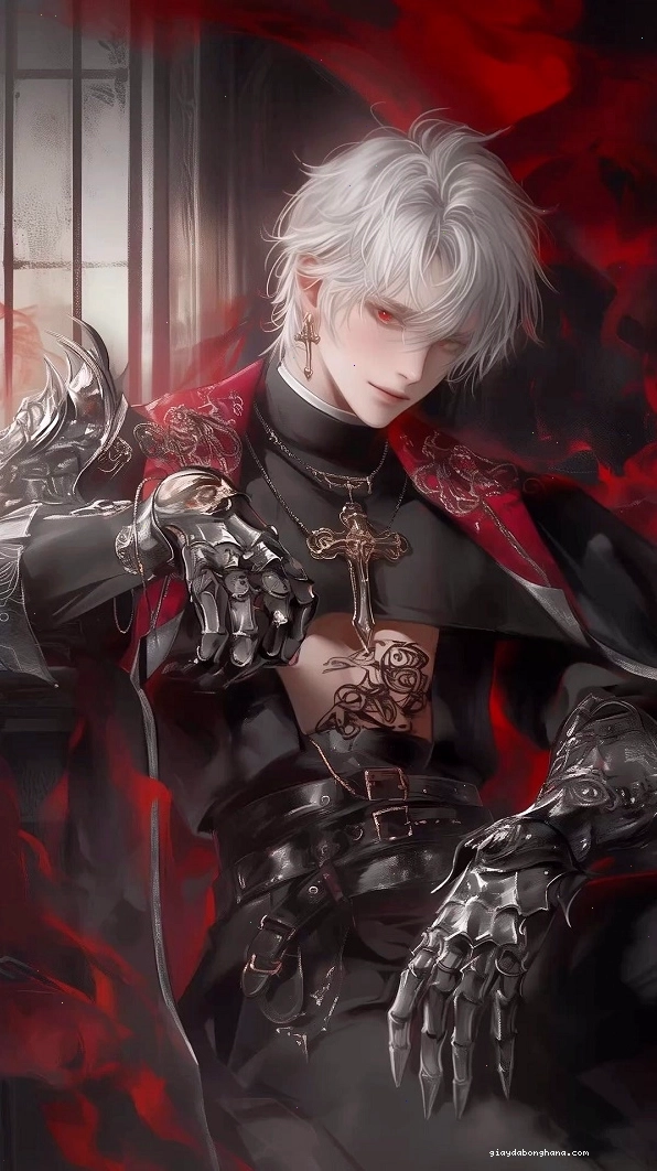 Nhân vật anime nam lạnh lùng với ánh mắt sắc bén và trang phục đen
