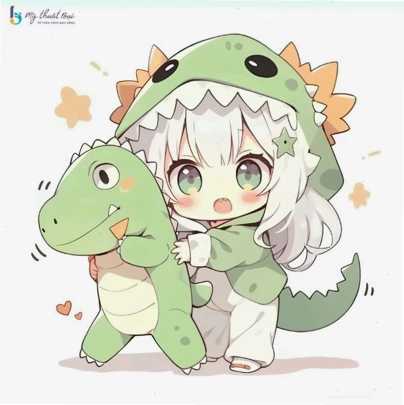 Nhân vật chibi nữ dễ thương với trang phục cầu kỳ