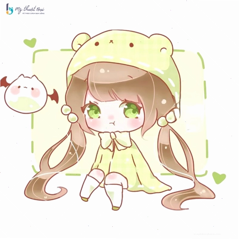 Nhân vật chibi nữ với mái tóc hồng nổi bật và trang phục cá tính