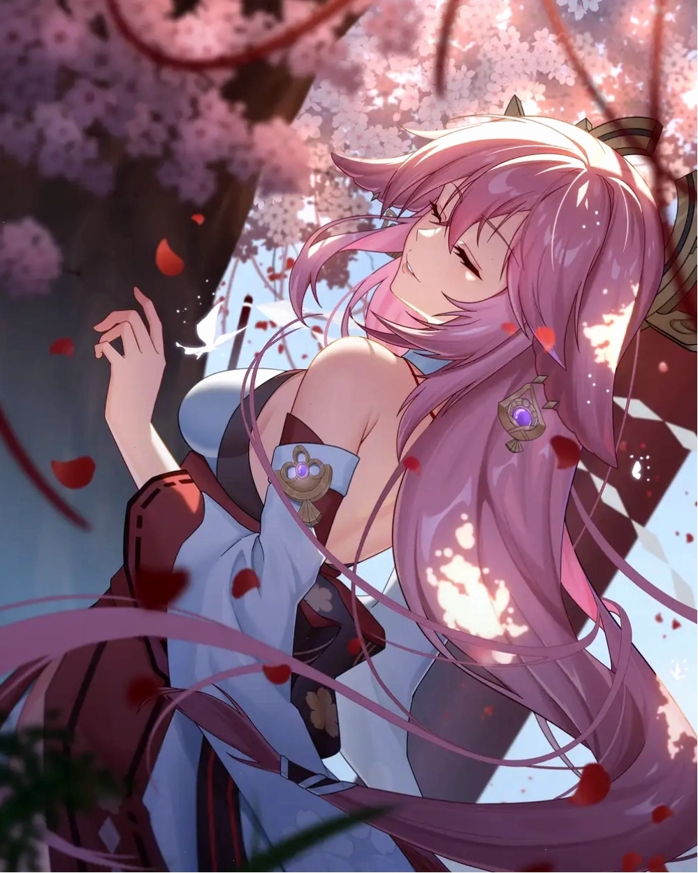 Những cánh hoa anh đào anime đang rơi nhẹ nhàng trong gió
