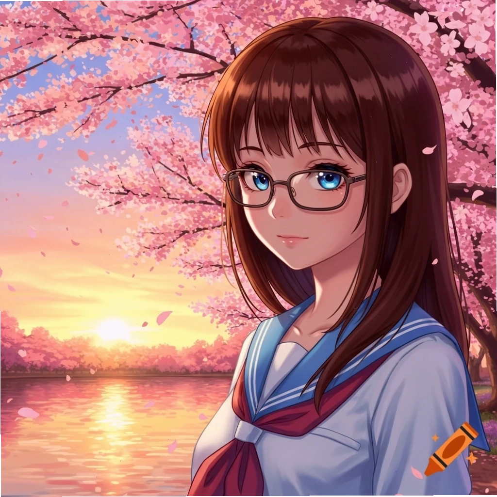Nữ sinh anime với mái tóc nâu và đeo kính bên hồ vào lúc hoàng hôn, xung quanh là hoa anh đào màu hồng