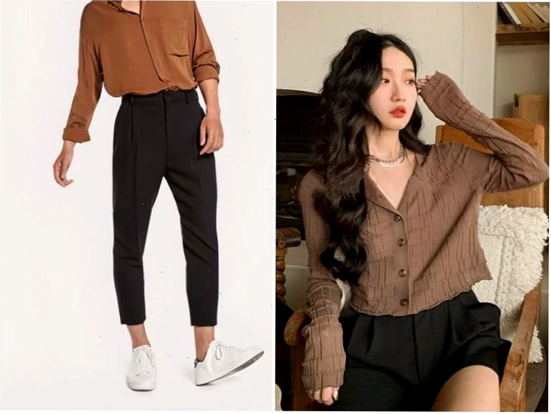 Phối áo thun nâu với quần jean đen tạo vẻ ngoài năng động