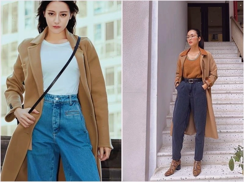Phối áo thun nâu với quần jean xanh dương