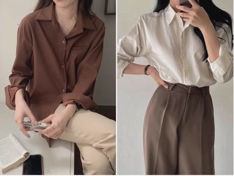 Phối áo thun nâu với quần xám mang đến vẻ ngoài thanh lịch