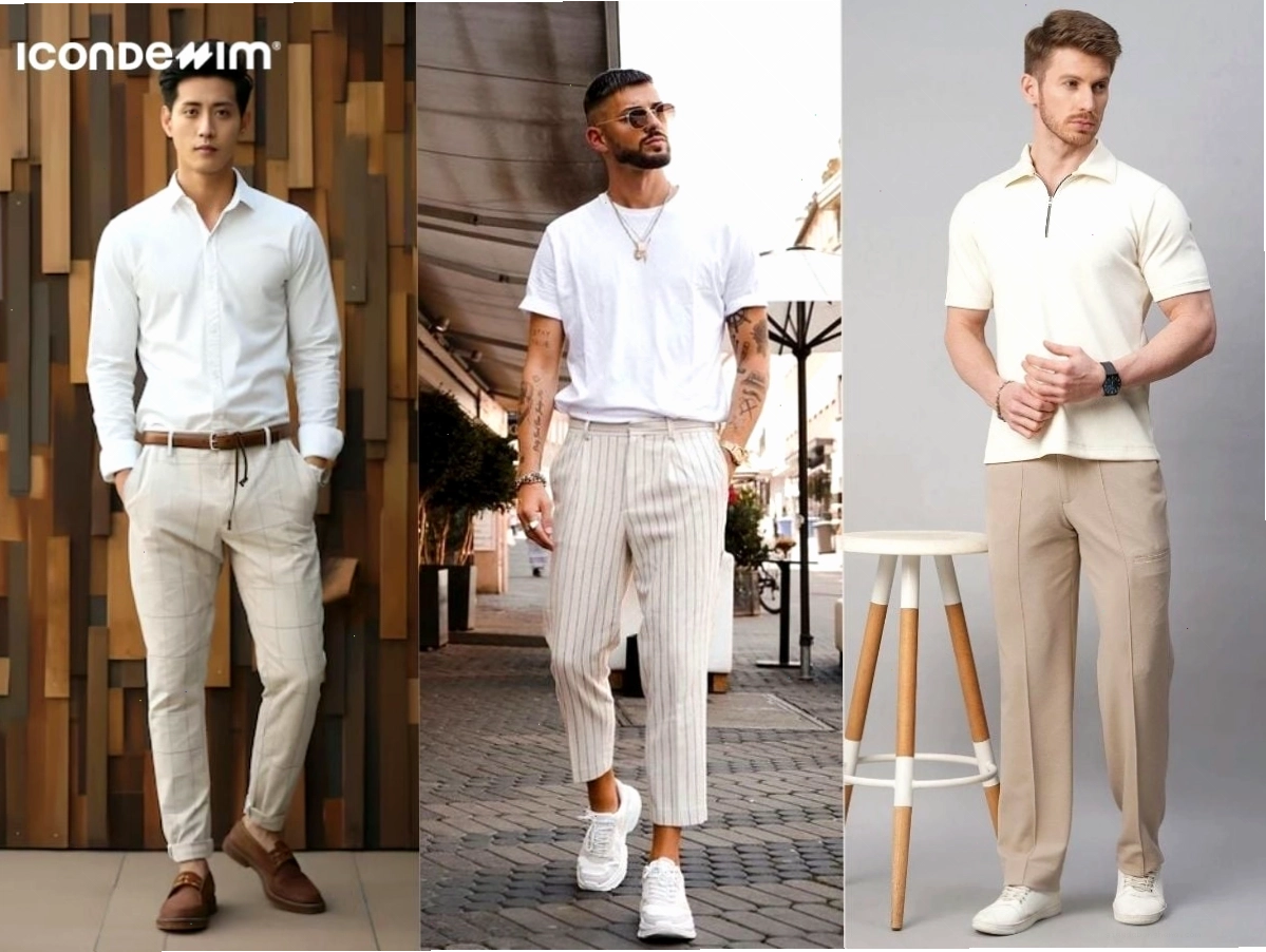 Phối quần tây màu be với áo sơ mi trắng tạo vẻ ngoài thanh lịch