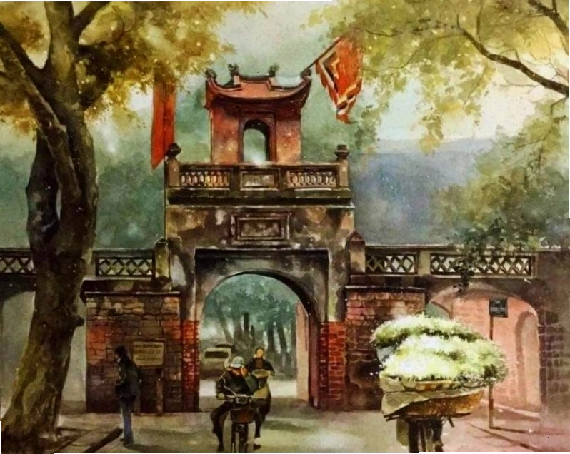 Quá trình tô màu cho bức tranh vẽ di tích lịch sử, làm nổi bật không gian xưa
