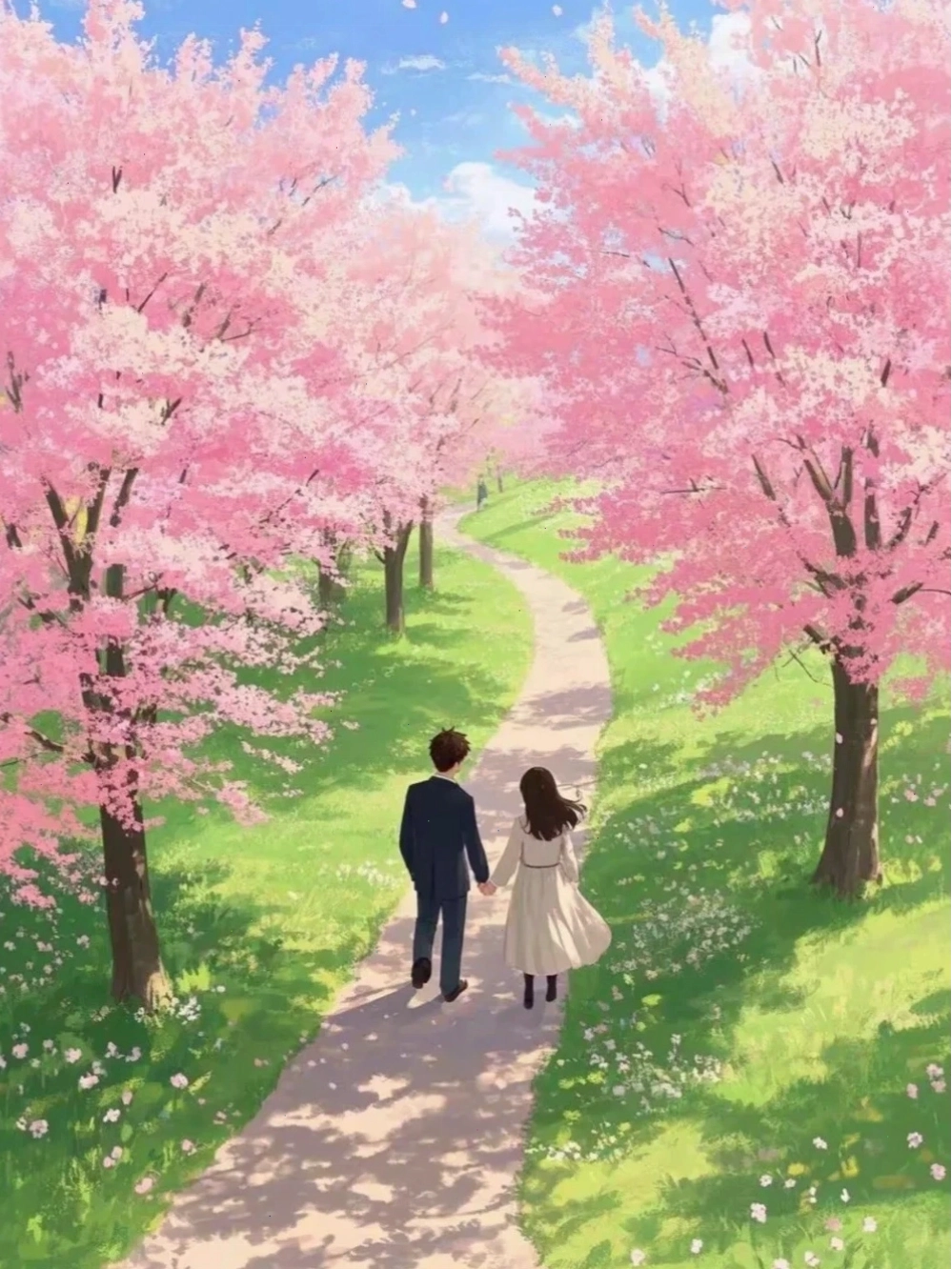 Toàn cảnh một thành phố anime với những hàng cây hoa anh đào hai bên đường