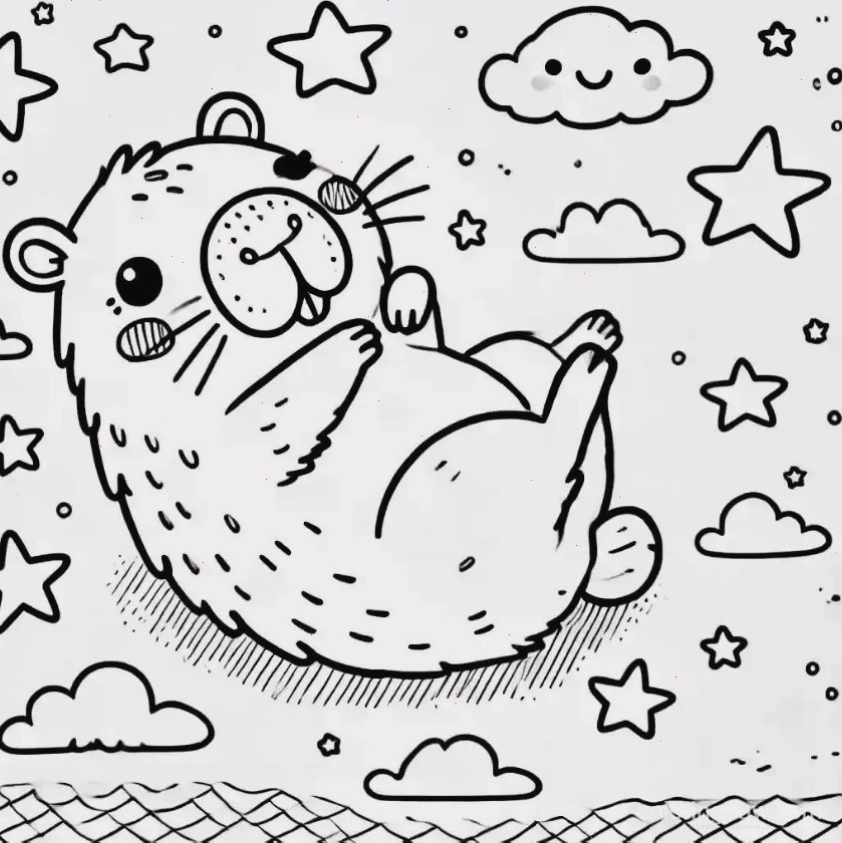 Tranh tô màu capybara chibi số 3 đang chơi đùa