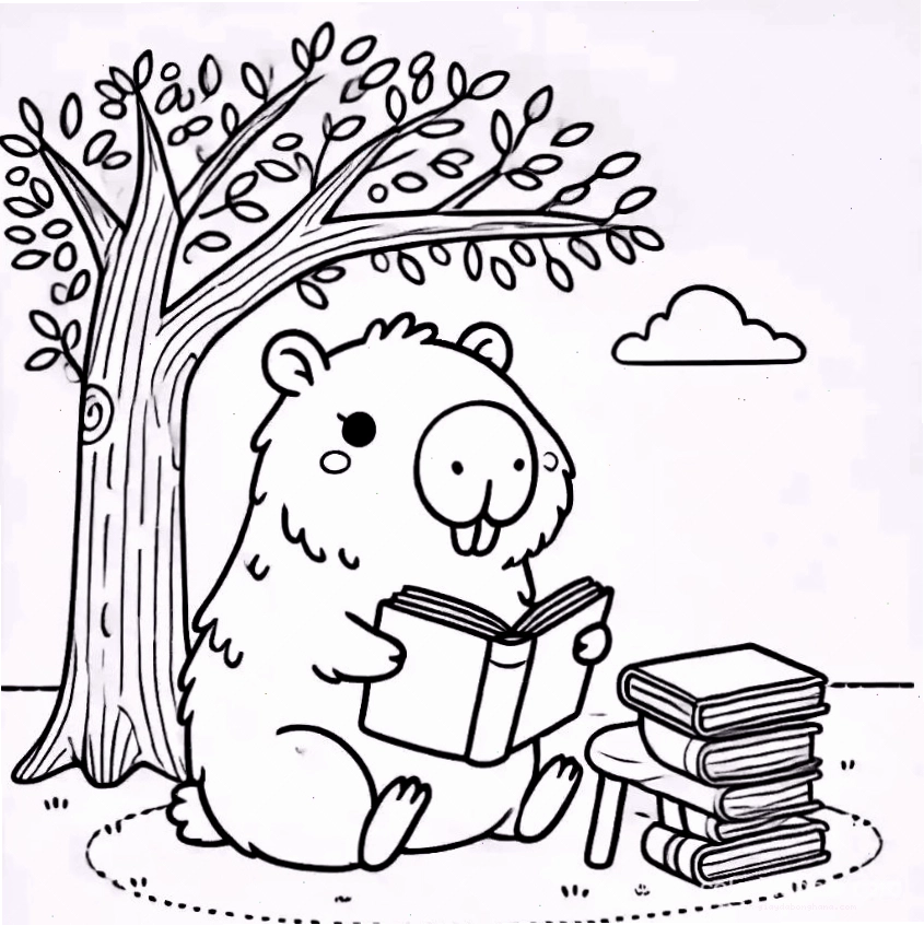 Tranh tô màu capybara chibi số 6 đang ăn